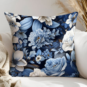 Elegant Blue and Ivory Flowers Decorative Pillow