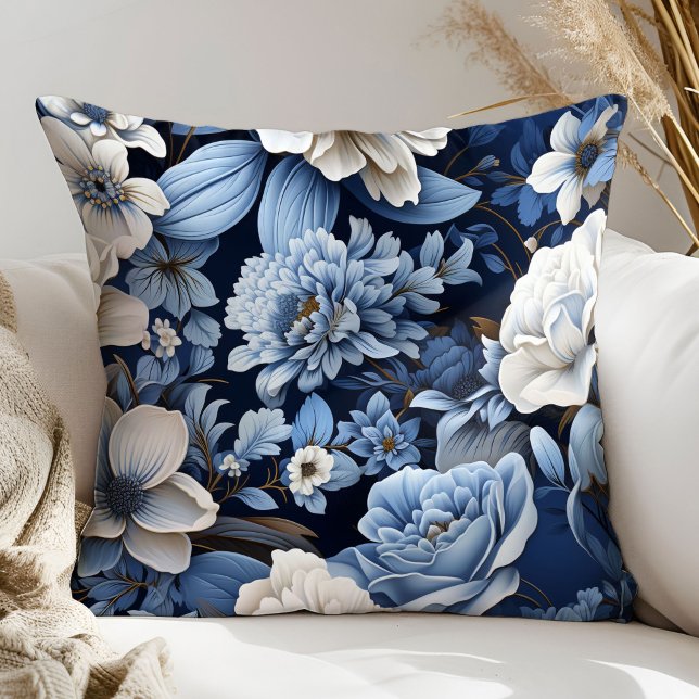 Elegant Blue and Ivory Flowers Decorative Pillow (Elegant Blue and Ivory Flowers Decorative Pillow)