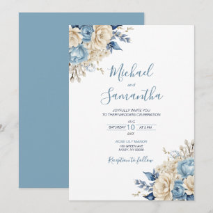 Elegant Blue and Ivory Rose Wedding Invitation