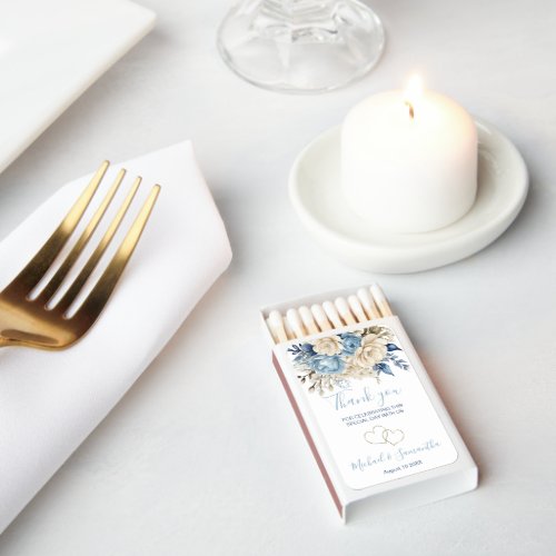 Elegant Blue and Ivory Rose Wedding Matchboxes