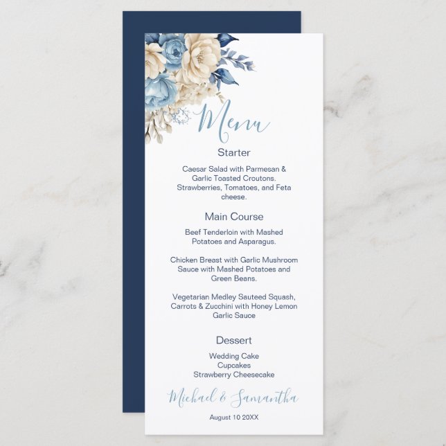 Elegant Blue and Ivory Rose Wedding Menu (Front/Back)