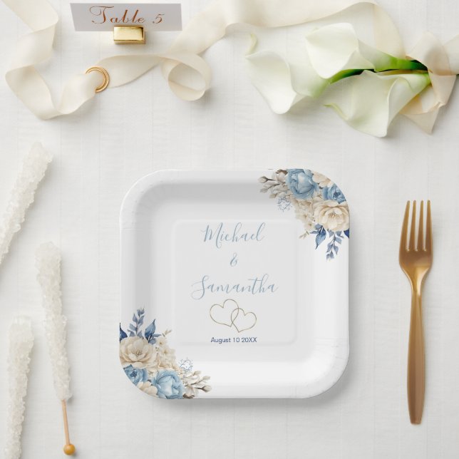 Elegant Blue and Ivory Rose Wedding Paper Plates (Wedding)