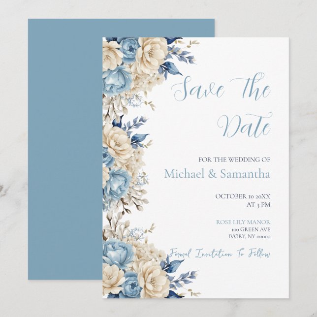 Elegant Blue and Ivory Rose Wedding Save The Date (Front/Back)