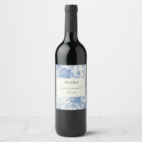 Elegant Blue and light Floral Chinoiserie Wedding Wine Label