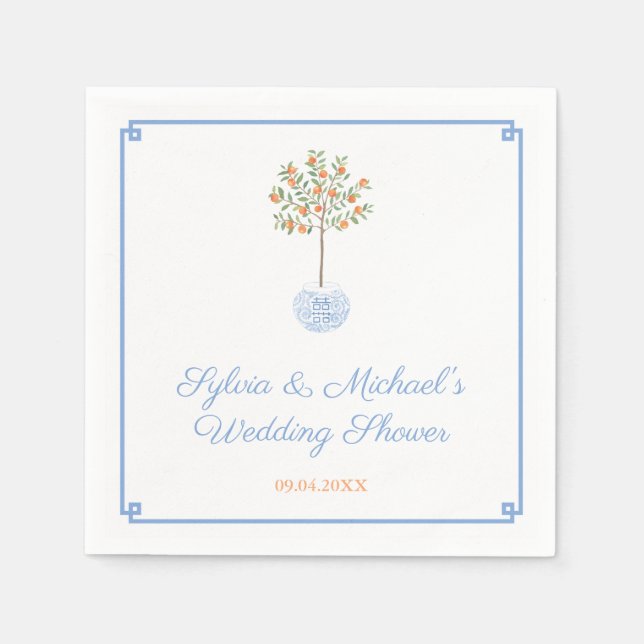 Elegant Blue And Orange Citrus Tree Wedding Shower Napkins (Front)