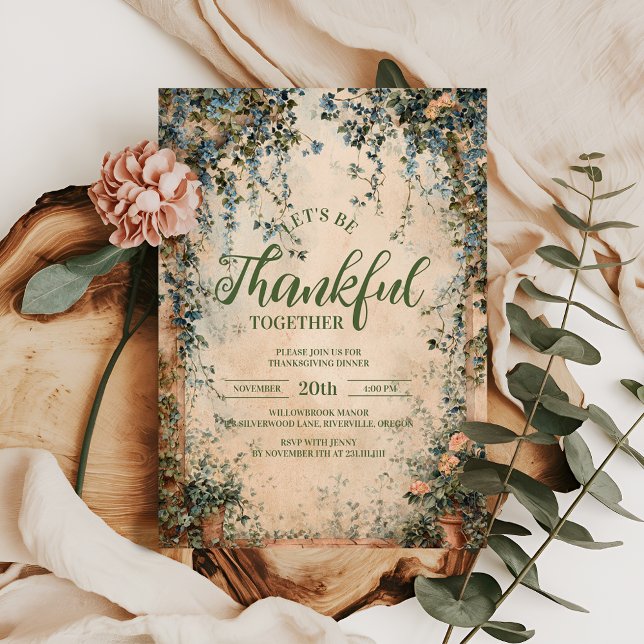 Elegant Blue and Orange Floral Thanksgiving Dinner Invitation (Creator Uploaded)