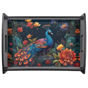Elegant Blue and Orange Peacock Star Filled Garden Serving Tray