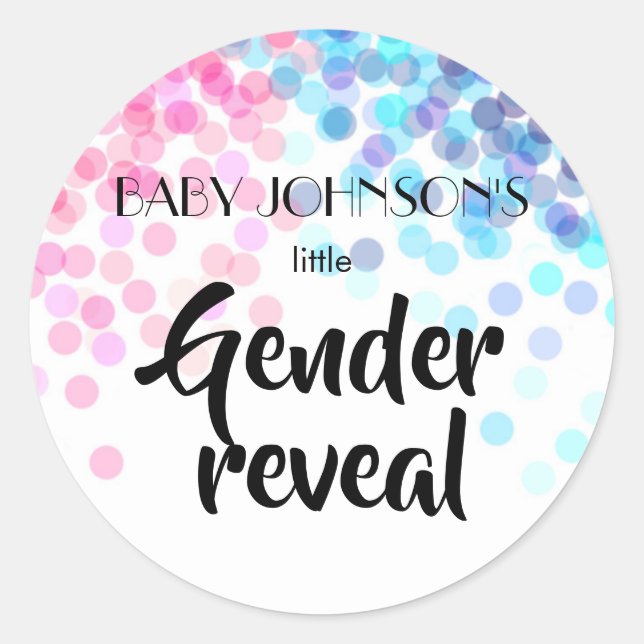 Elegant blue and pink confetti baby gender reveal  classic round sticker (Front)