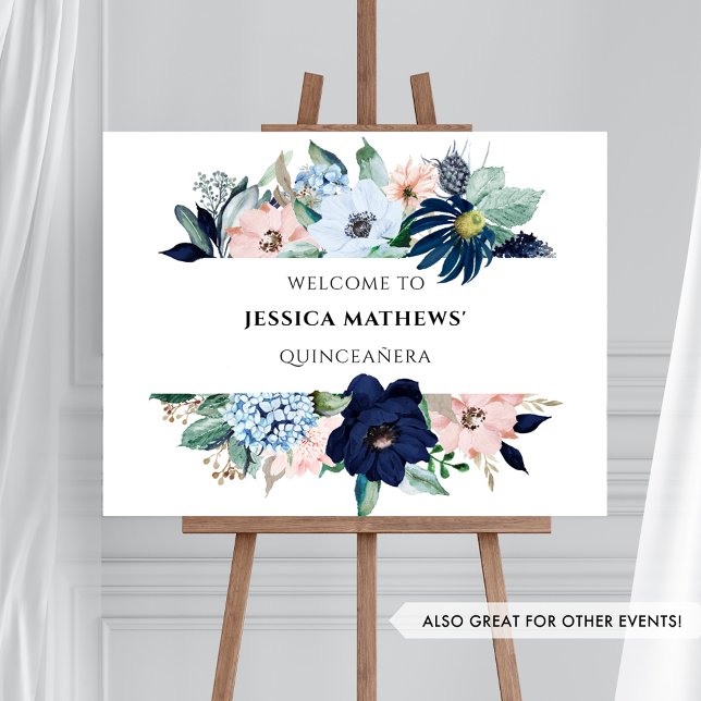 Elegant Blue and Pink Coral Floral, Welcome Sign (Creator Uploaded)