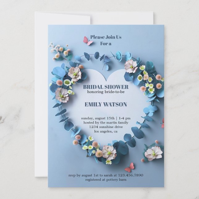 Elegant Blue and Pink Floral Bridal Shower Invitation (Front)