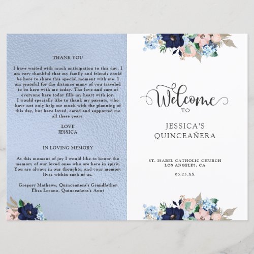 Elegant Blue and Pink Floral Quinceanera Program