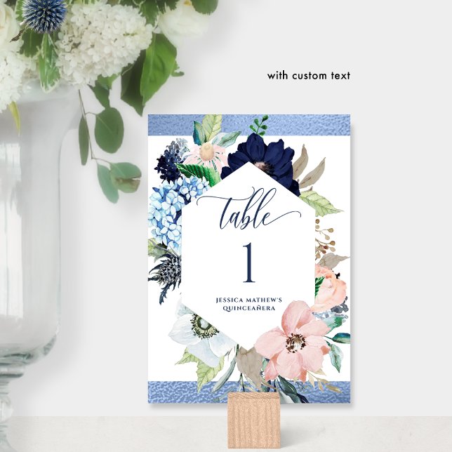 Elegant Blue and Pink Floral Quinceañera Table Number (Creator Uploaded)