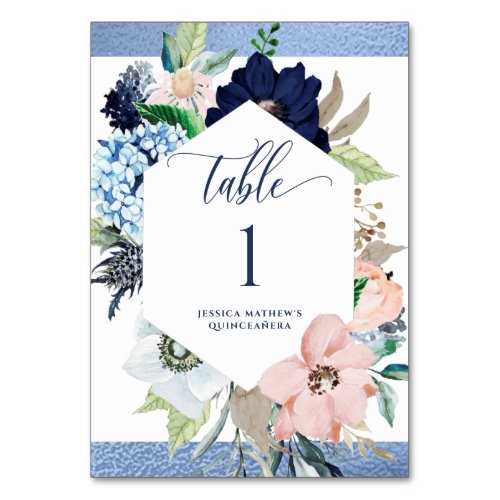 Elegant Blue and Pink Floral Quinceaera Table Number