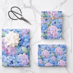 Elegant Blue and Pink Hydrangea Wrapping Paper Sheets