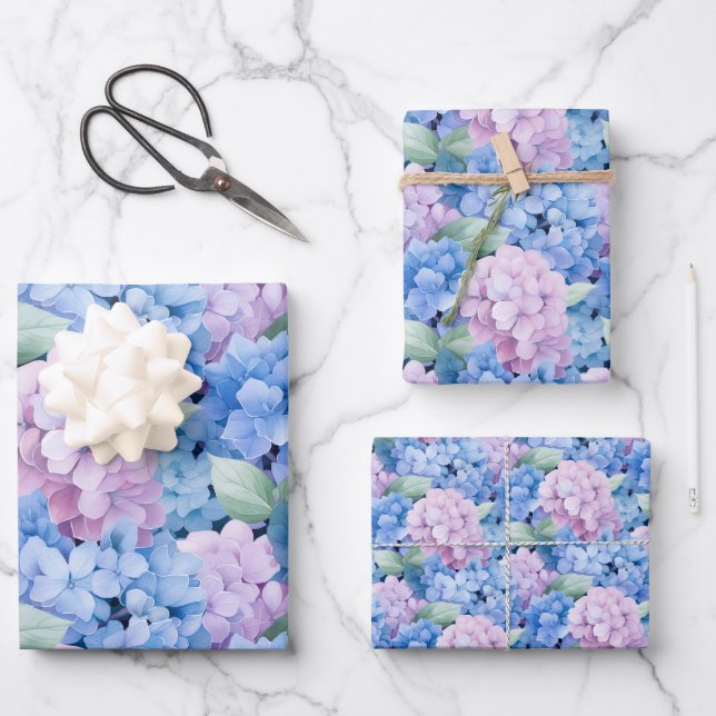 Elegant Blue and Pink Hydrangea Wrapping Paper Sheets (Front)