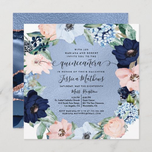 Elegant Blue and Pink Quinceaera Floral Invitation