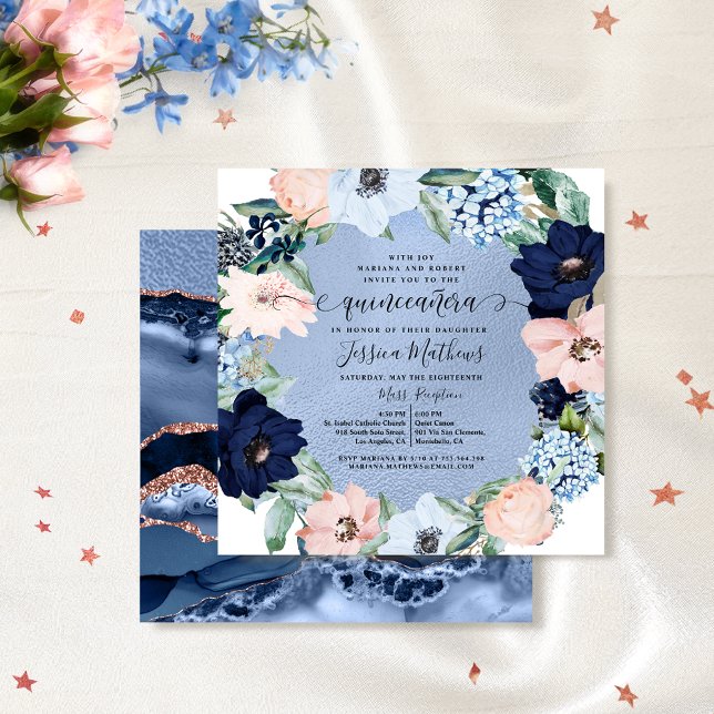 Elegant Blue and Pink Quinceañera, Floral Invitation (Creator Uploaded)