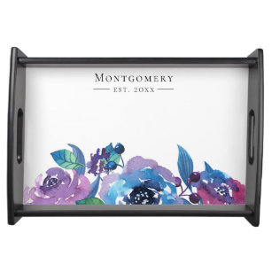 Elegant Blue and Purple Bold Floral Serving Tray