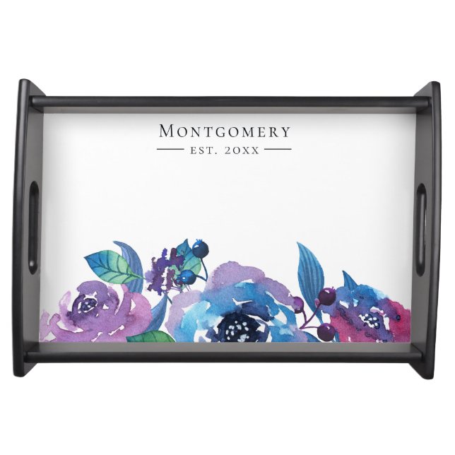 Elegant Blue and Purple Bold Floral Serving Tray (Front)