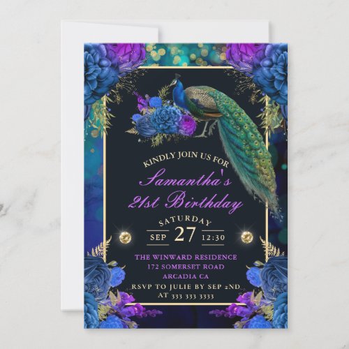 Elegant Blue and Purple Flowers Peacock Birthday Invitation