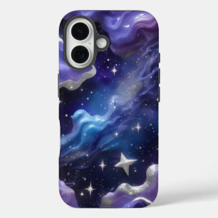 Elegant Blue and Purple Galaxy with Shimmering Cl iPhone 16 Case
