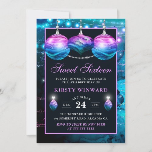 Elegant Blue and Purple Mermaid Baubles Sweet 16 Invitation