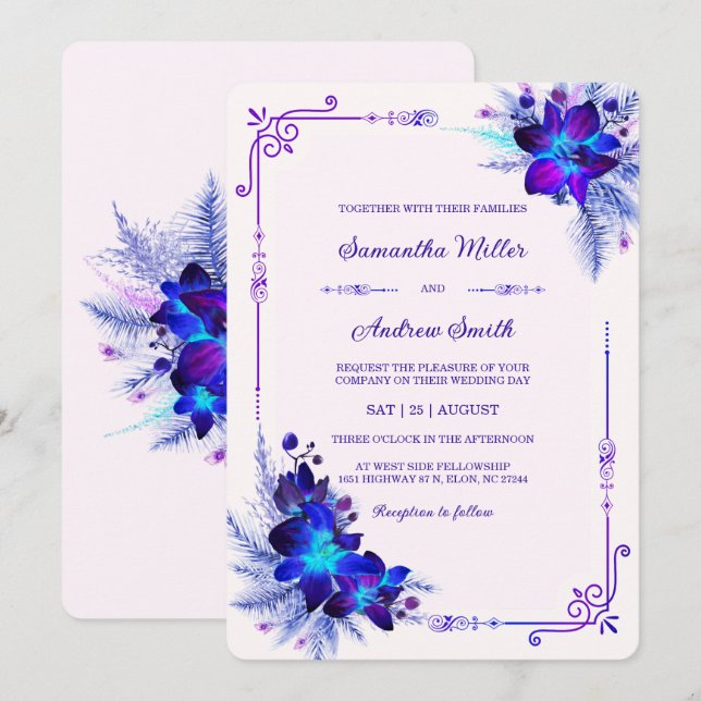 Elegant Blue and Purple Orchid Wedding Invitation (Front/Back)