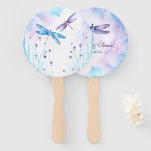 Elegant Blue and Purple Watercolor Dragonfly Hand Fan
