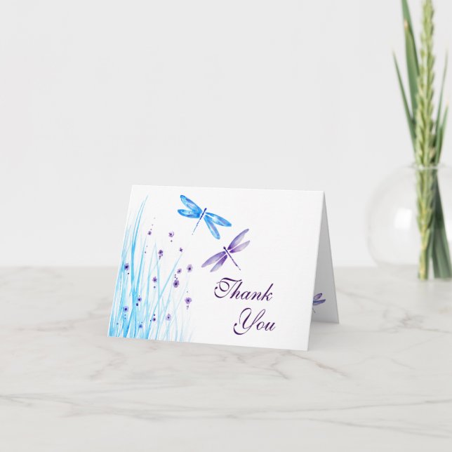 Elegant Blue and Purple Watercolor Dragonfly Thank You Card (Front)