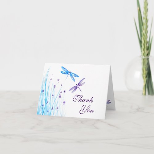 Elegant Blue and Purple Watercolor Dragonfly Thank You Card