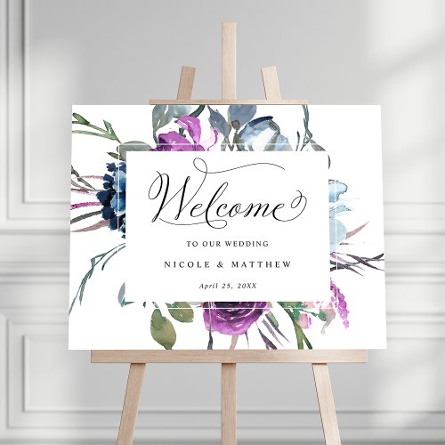 Elegant Blue and Purple Wedding Welcome Sign