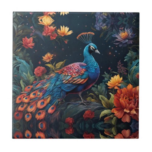 Elegant Blue and range Peacock Star Filled Garden Ceramic Tile