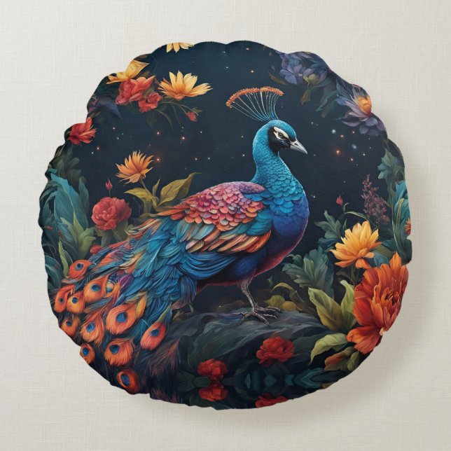 Elegant Blue and range Peacock Star Filled Garden Round Pillow (Front)