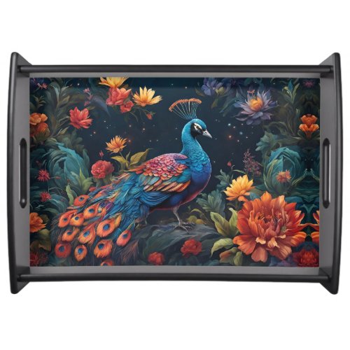 Elegant Blue and range Peacock Star Filled Garden Serving Tray