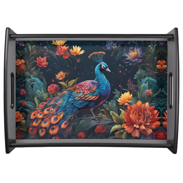Elegant Blue and range Peacock Star Filled Garden Serving Tray (Front)