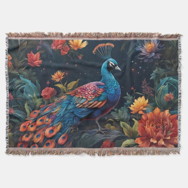 Elegant Blue and range Peacock Star Filled Garden Throw Blanket (Front)