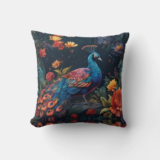 Elegant Blue and range Peacock Star Filled Garden Throw Pillow (Front)
