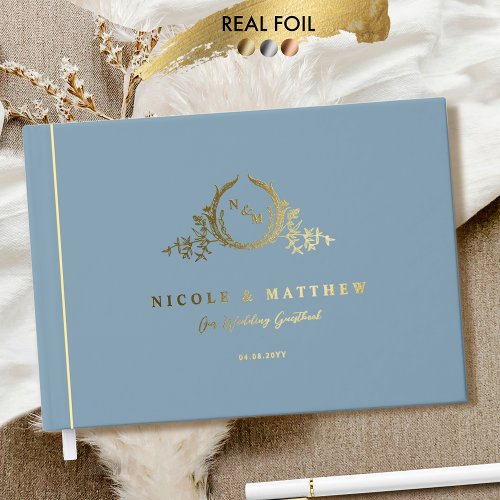 Elegant Blue and Real Foil Monogram Wedding Foil Guest Book