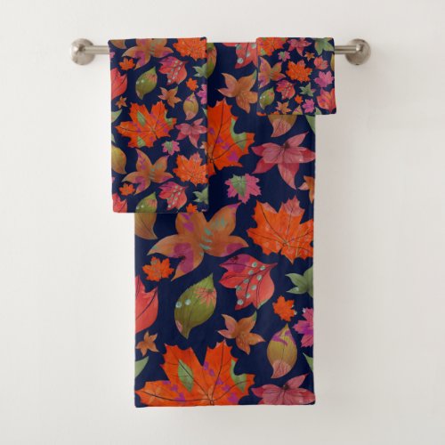 Elegant blue and red Fall Autumn leaf pattern Bath Towel Set