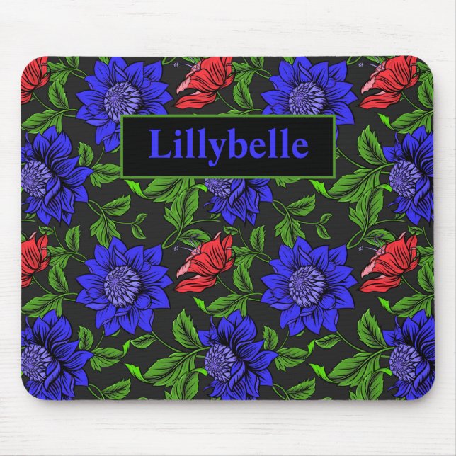Elegant Blue And Red Flower Black Background Mouse Pad (Front)