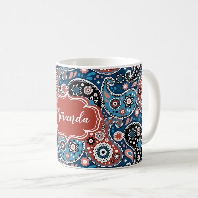 Elegant Blue and Red Paisley Print Custom Text Coffee Mug (Front Right)