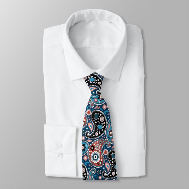 Elegant Blue and Red Persian Paisley Print Neck Tie (Tied)