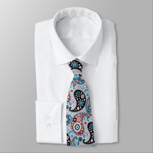 Elegant Blue and Red Persian Paisley Print Neck Tie