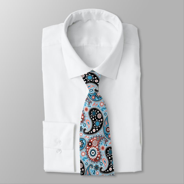 Elegant Blue and Red Persian Paisley Print Neck Tie (Tied)