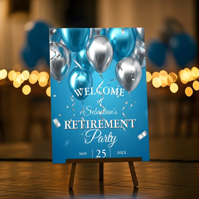 Elegant Blue and Silver Balloons Retirement Party Foam Board (Creator Uploaded)