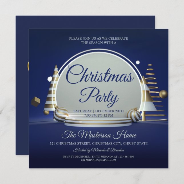 Elegant Blue and Silver Christmas Party Invitation (Front/Back)