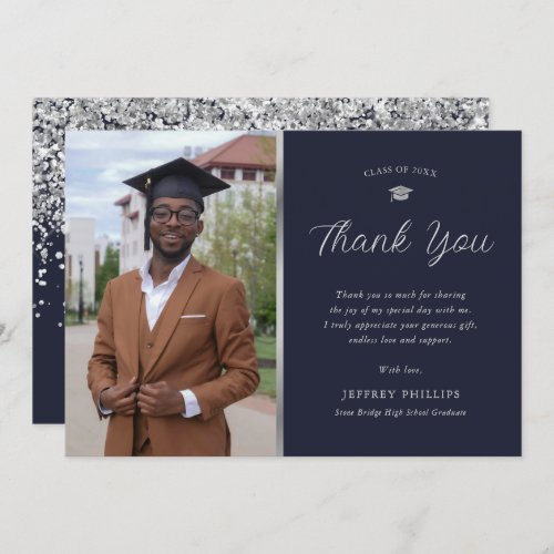 Elegant Blue and Silver Confetti Photo Graduation Thank You Card
