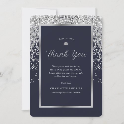 Elegant Blue and Silver Confetti Photo Graduation Thank You Card