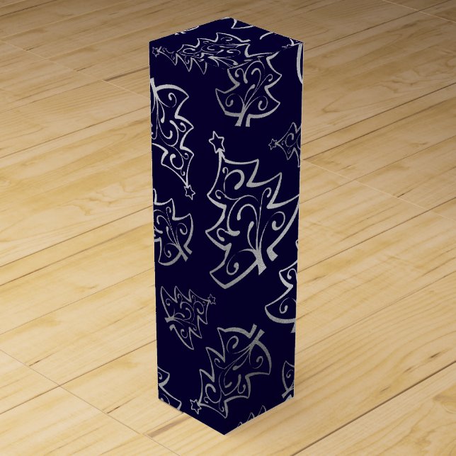Elegant Blue and Silver Faux Foil Christmas Tree Wine Box (Front)
