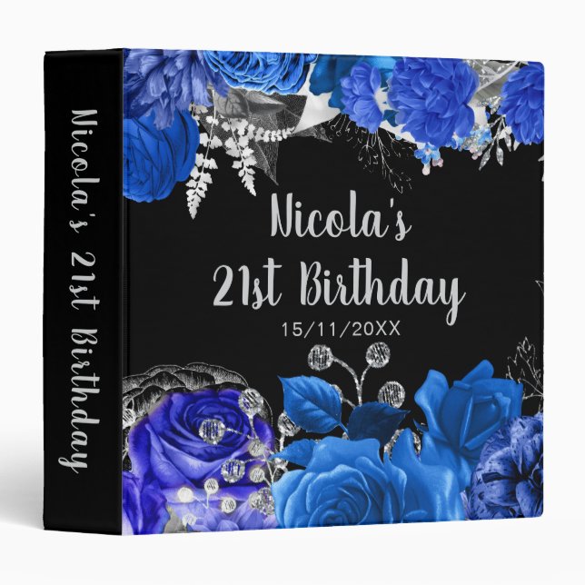 Elegant Blue and Silver Flowers Birthday Party 3 Ring Binder (Front/Spine)